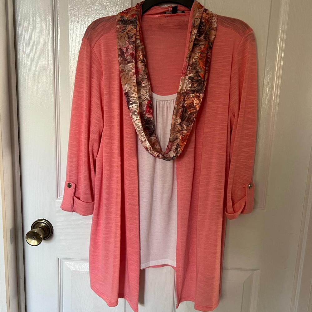 Notations Coral Cardigan with Floral Scarf Accent
